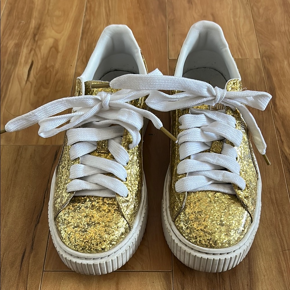 Glitter gold puma basket platform shoes - sneakers